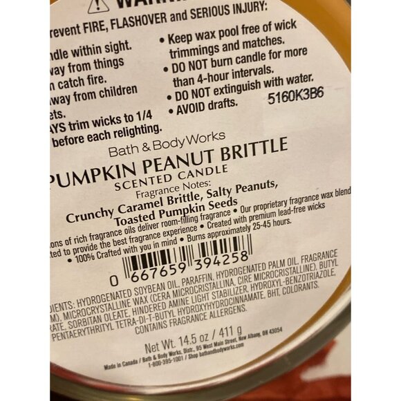 Bath & Body Works “Pumpkin Peanut Brittle” NEW 3 Wick Candle - Picture 4 of 5